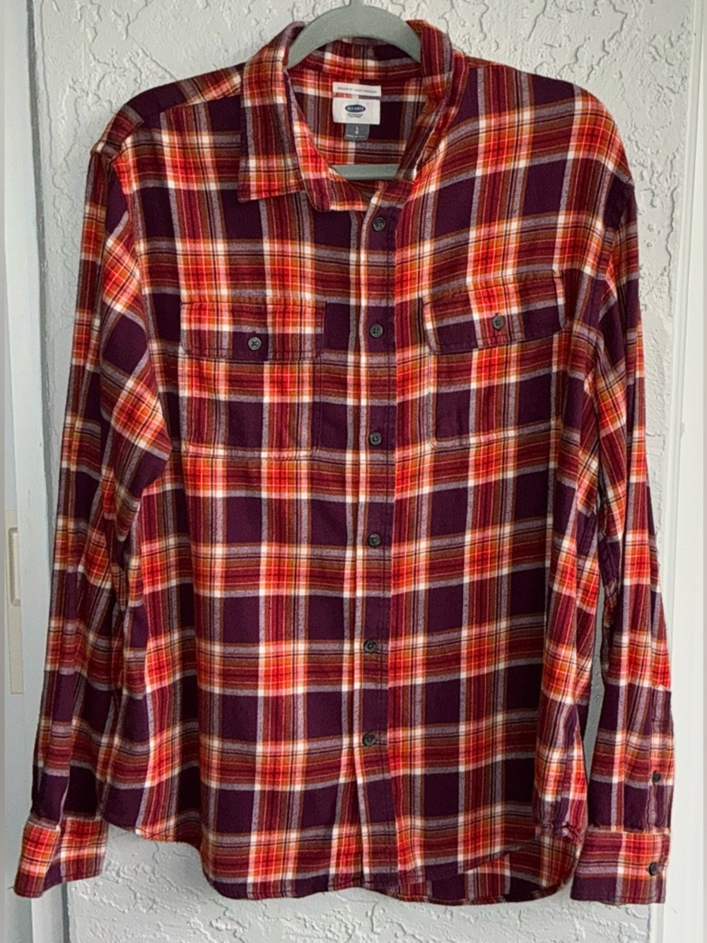 Old Navy Burgundy & Orange Plaid Flannel Regular Fit Shirt -